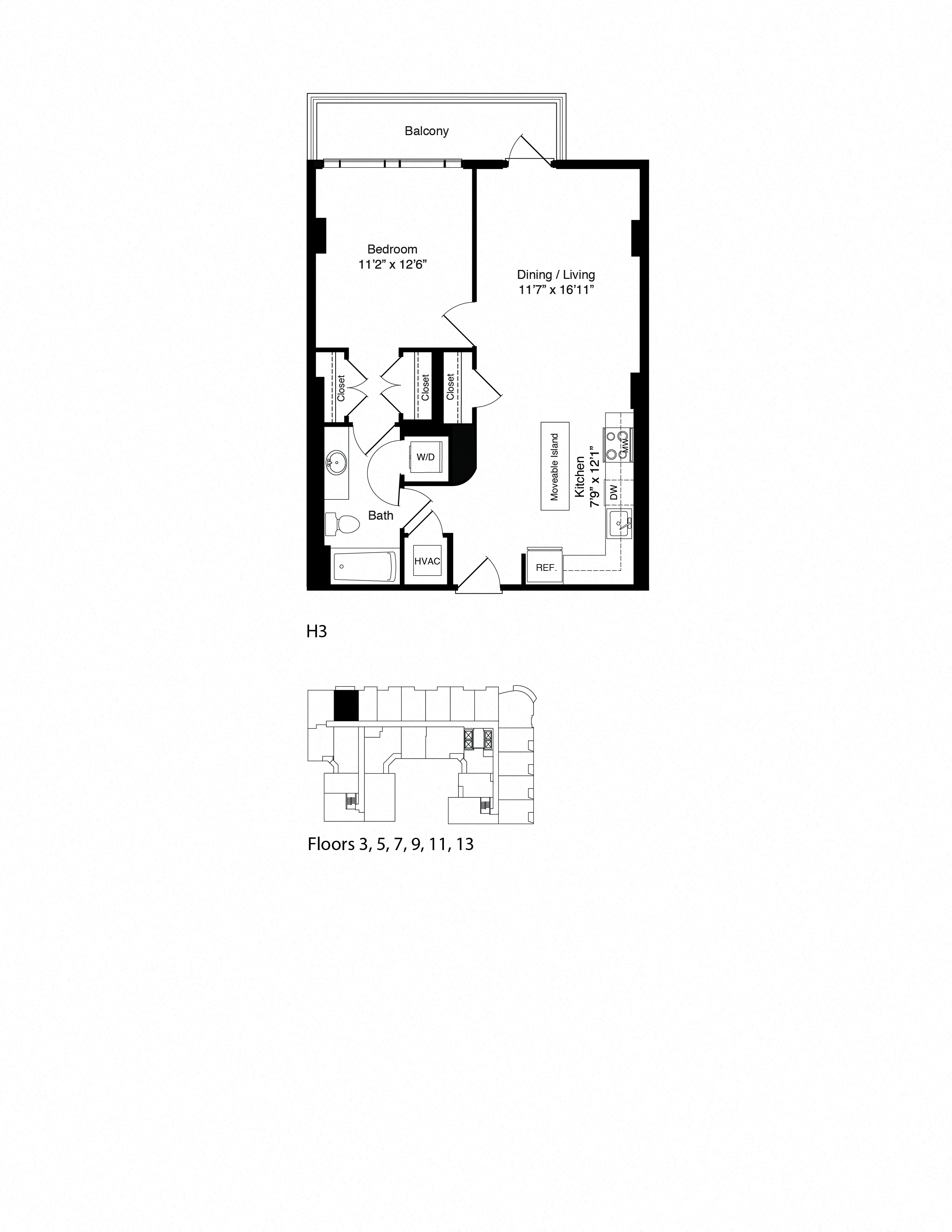 Floor plan for 1 bed, 1 bath, 718 sqft